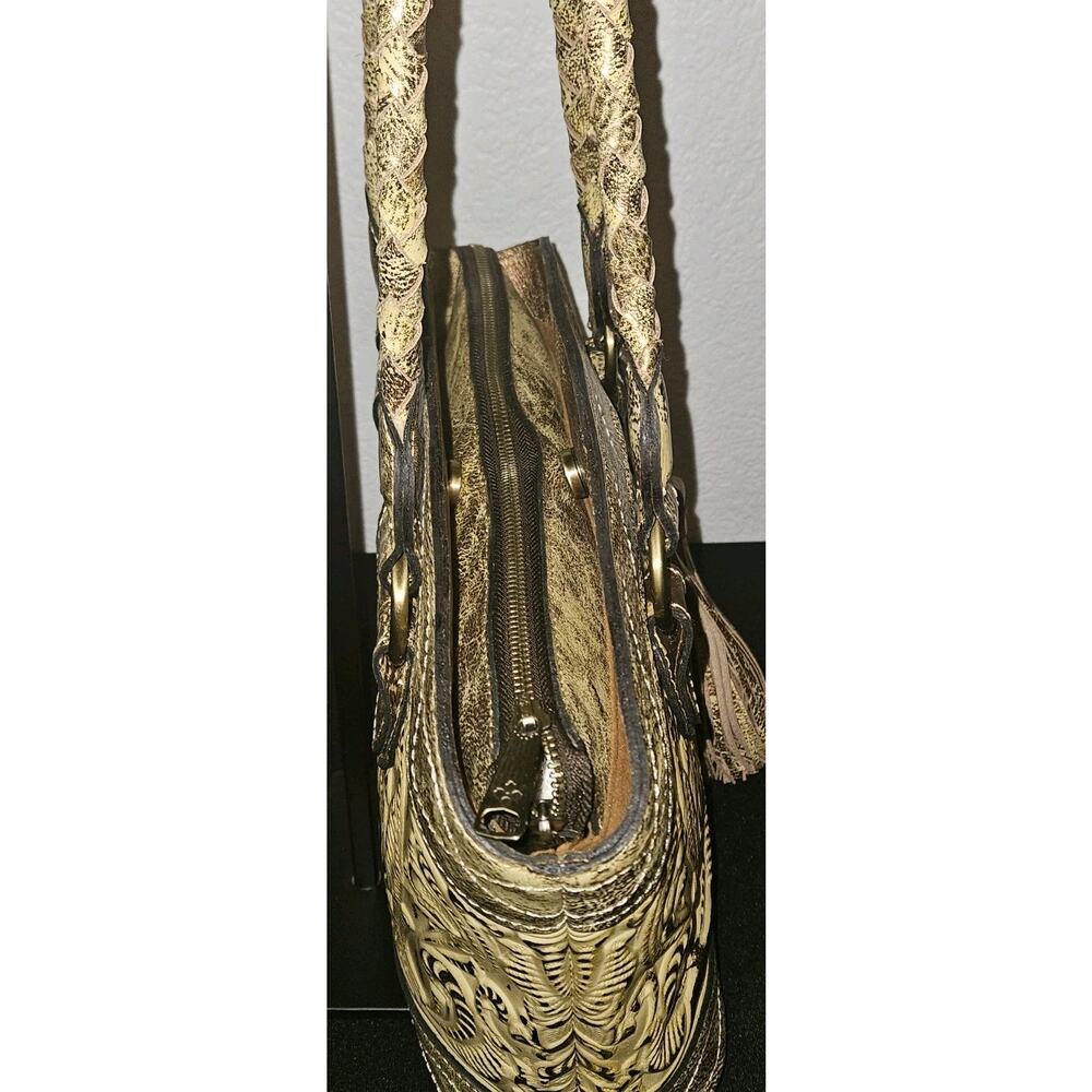 Patricia Nash Burnished Tooled Zorita Satchel Bag Metallic gold finish 14x10x4 - Picture 9 of 15